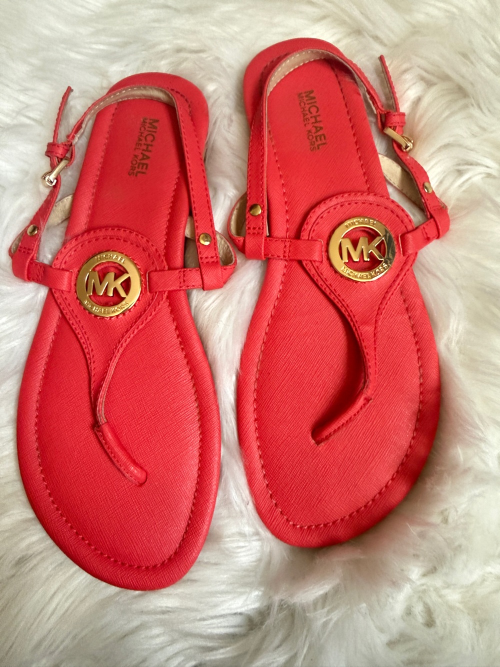 Michael Kors Red Logo Thong Sandals with Gold MK Medallion